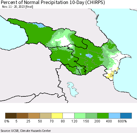 Azerbaijan, Armenia and Georgia Percent of Normal Precipitation 10-Day (CHIRPS) Thematic Map For 11/11/2023 - 11/20/2023