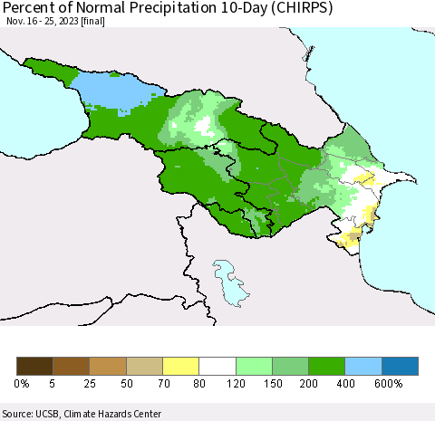Azerbaijan, Armenia and Georgia Percent of Normal Precipitation 10-Day (CHIRPS) Thematic Map For 11/16/2023 - 11/25/2023