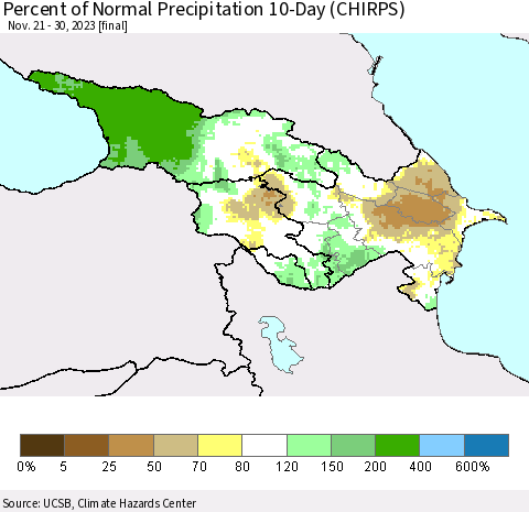 Azerbaijan, Armenia and Georgia Percent of Normal Precipitation 10-Day (CHIRPS) Thematic Map For 11/21/2023 - 11/30/2023