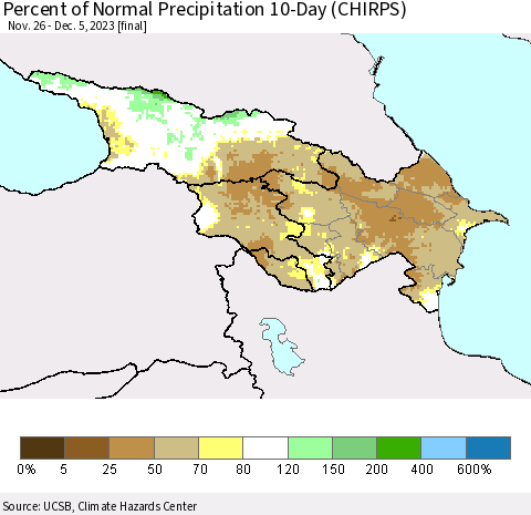 Azerbaijan, Armenia and Georgia Percent of Normal Precipitation 10-Day (CHIRPS) Thematic Map For 11/26/2023 - 12/5/2023