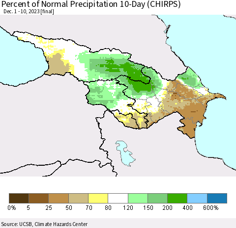 Azerbaijan, Armenia and Georgia Percent of Normal Precipitation 10-Day (CHIRPS) Thematic Map For 12/1/2023 - 12/10/2023