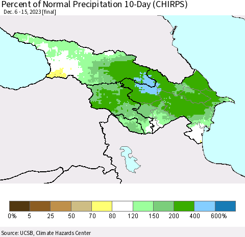 Azerbaijan, Armenia and Georgia Percent of Normal Precipitation 10-Day (CHIRPS) Thematic Map For 12/6/2023 - 12/15/2023