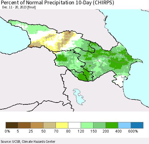 Azerbaijan, Armenia and Georgia Percent of Normal Precipitation 10-Day (CHIRPS) Thematic Map For 12/11/2023 - 12/20/2023
