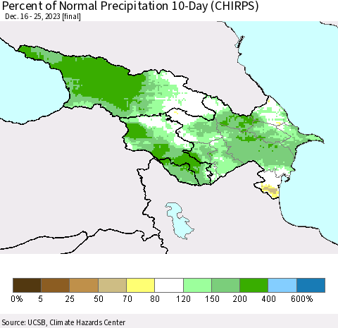 Azerbaijan, Armenia and Georgia Percent of Normal Precipitation 10-Day (CHIRPS) Thematic Map For 12/16/2023 - 12/25/2023