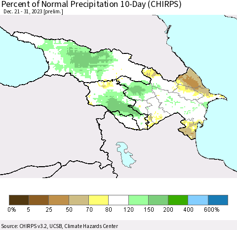 Azerbaijan, Armenia and Georgia Percent of Normal Precipitation 10-Day (CHIRPS) Thematic Map For 12/21/2023 - 12/31/2023