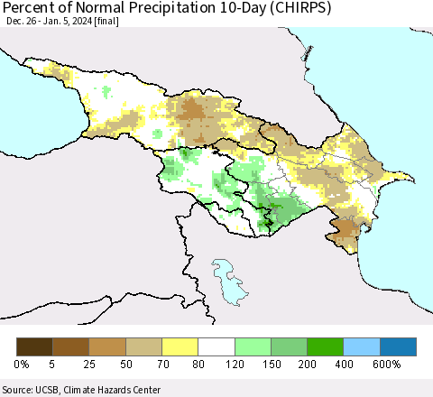 Azerbaijan, Armenia and Georgia Percent of Normal Precipitation 10-Day (CHIRPS) Thematic Map For 12/26/2023 - 1/5/2024