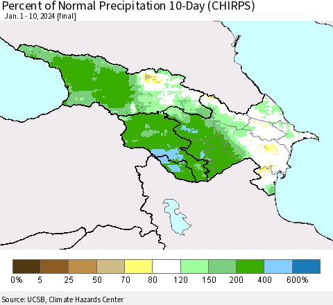 Azerbaijan, Armenia and Georgia Percent of Normal Precipitation 10-Day (CHIRPS) Thematic Map For 1/1/2024 - 1/10/2024