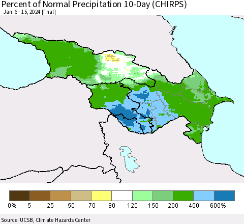 Azerbaijan, Armenia and Georgia Percent of Normal Precipitation 10-Day (CHIRPS) Thematic Map For 1/6/2024 - 1/15/2024