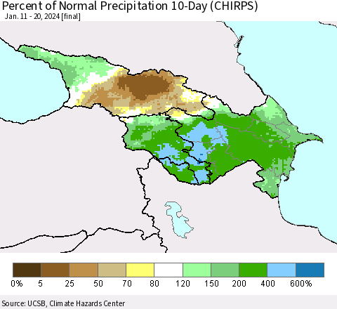 Azerbaijan, Armenia and Georgia Percent of Normal Precipitation 10-Day (CHIRPS) Thematic Map For 1/11/2024 - 1/20/2024