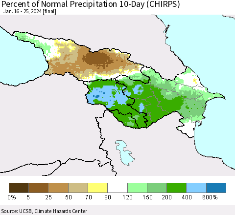 Azerbaijan, Armenia and Georgia Percent of Normal Precipitation 10-Day (CHIRPS) Thematic Map For 1/16/2024 - 1/25/2024
