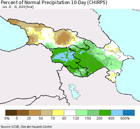 Azerbaijan, Armenia and Georgia Percent of Normal Precipitation 10-Day (CHIRPS) Thematic Map For 1/21/2024 - 1/31/2024