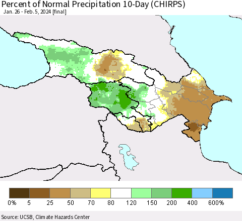 Azerbaijan, Armenia and Georgia Percent of Normal Precipitation 10-Day (CHIRPS) Thematic Map For 1/26/2024 - 2/5/2024
