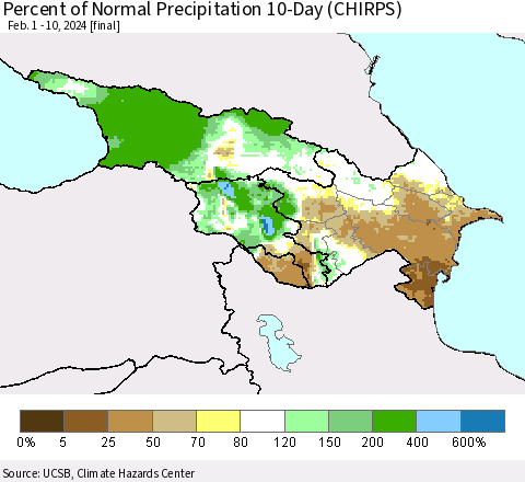 Azerbaijan, Armenia and Georgia Percent of Normal Precipitation 10-Day (CHIRPS) Thematic Map For 2/1/2024 - 2/10/2024