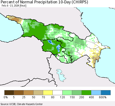 Azerbaijan, Armenia and Georgia Percent of Normal Precipitation 10-Day (CHIRPS) Thematic Map For 2/6/2024 - 2/15/2024