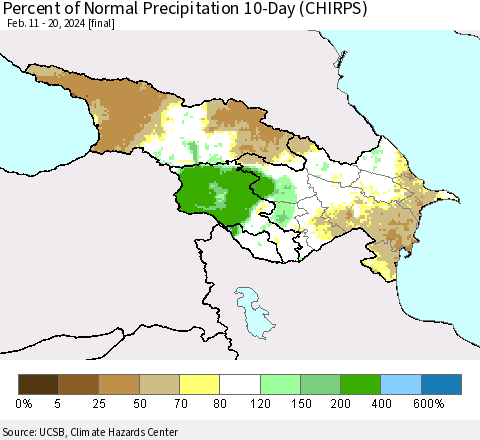 Azerbaijan, Armenia and Georgia Percent of Normal Precipitation 10-Day (CHIRPS) Thematic Map For 2/11/2024 - 2/20/2024
