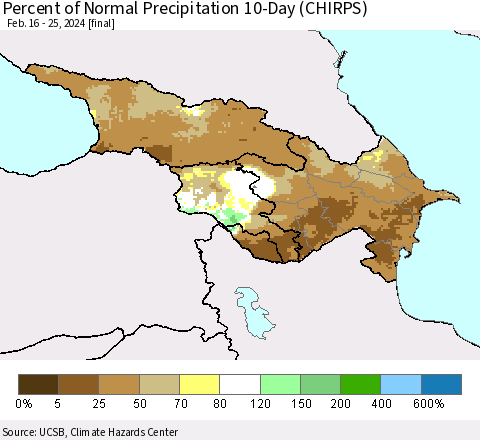 Azerbaijan, Armenia and Georgia Percent of Normal Precipitation 10-Day (CHIRPS) Thematic Map For 2/16/2024 - 2/25/2024