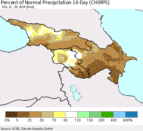 Azerbaijan, Armenia and Georgia Percent of Normal Precipitation 10-Day (CHIRPS) Thematic Map For 2/21/2024 - 2/29/2024