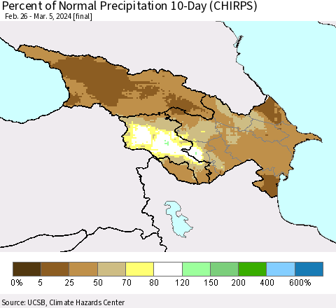 Azerbaijan, Armenia and Georgia Percent of Normal Precipitation 10-Day (CHIRPS) Thematic Map For 2/26/2024 - 3/5/2024