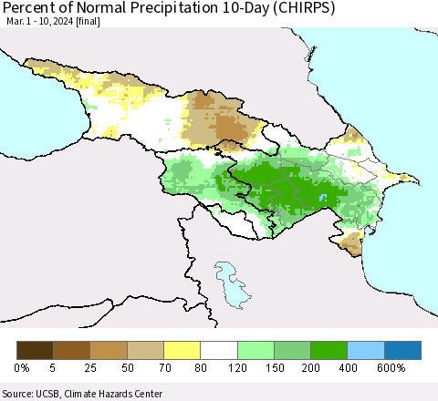 Azerbaijan, Armenia and Georgia Percent of Normal Precipitation 10-Day (CHIRPS) Thematic Map For 3/1/2024 - 3/10/2024