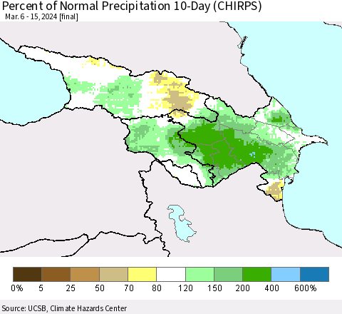 Azerbaijan, Armenia and Georgia Percent of Normal Precipitation 10-Day (CHIRPS) Thematic Map For 3/6/2024 - 3/15/2024