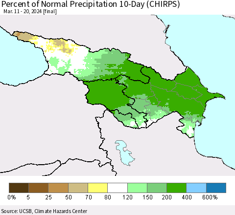 Azerbaijan, Armenia and Georgia Percent of Normal Precipitation 10-Day (CHIRPS) Thematic Map For 3/11/2024 - 3/20/2024