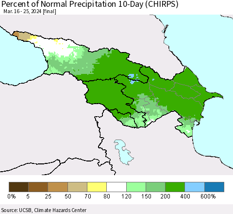 Azerbaijan, Armenia and Georgia Percent of Normal Precipitation 10-Day (CHIRPS) Thematic Map For 3/16/2024 - 3/25/2024