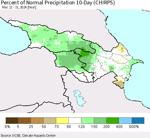 Azerbaijan, Armenia and Georgia Percent of Normal Precipitation 10-Day (CHIRPS) Thematic Map For 3/21/2024 - 3/31/2024