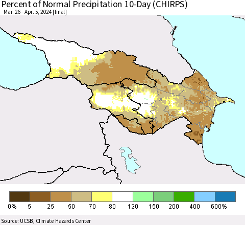 Azerbaijan, Armenia and Georgia Percent of Normal Precipitation 10-Day (CHIRPS) Thematic Map For 3/26/2024 - 4/5/2024