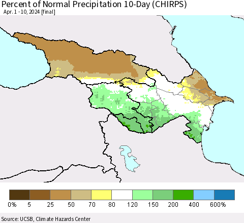 Azerbaijan, Armenia and Georgia Percent of Normal Precipitation 10-Day (CHIRPS) Thematic Map For 4/1/2024 - 4/10/2024