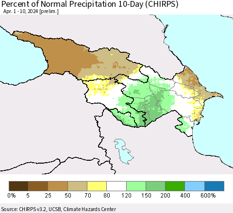 Azerbaijan, Armenia and Georgia Percent of Normal Precipitation 10-Day (CHIRPS) Thematic Map For 4/1/2024 - 4/10/2024