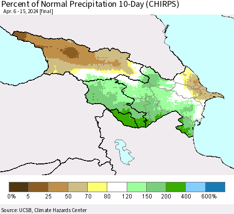 Azerbaijan, Armenia and Georgia Percent of Normal Precipitation 10-Day (CHIRPS) Thematic Map For 4/6/2024 - 4/15/2024