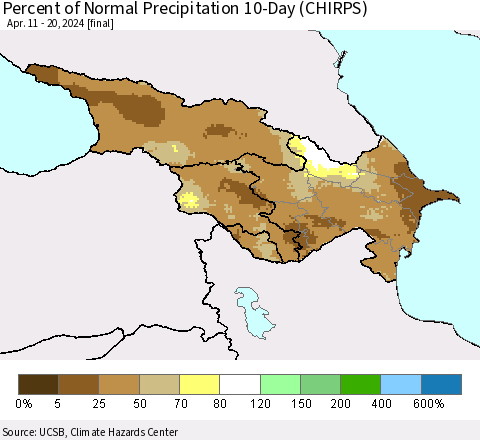 Azerbaijan, Armenia and Georgia Percent of Normal Precipitation 10-Day (CHIRPS) Thematic Map For 4/11/2024 - 4/20/2024