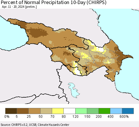 Azerbaijan, Armenia and Georgia Percent of Normal Precipitation 10-Day (CHIRPS) Thematic Map For 4/11/2024 - 4/20/2024