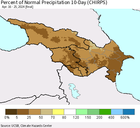 Azerbaijan, Armenia and Georgia Percent of Normal Precipitation 10-Day (CHIRPS) Thematic Map For 4/16/2024 - 4/25/2024