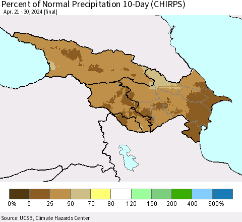 Azerbaijan, Armenia and Georgia Percent of Normal Precipitation 10-Day (CHIRPS) Thematic Map For 4/21/2024 - 4/30/2024