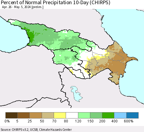 Azerbaijan, Armenia and Georgia Percent of Normal Precipitation 10-Day (CHIRPS) Thematic Map For 4/26/2024 - 5/5/2024