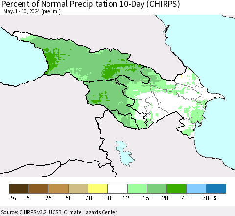Azerbaijan, Armenia and Georgia Percent of Normal Precipitation 10-Day (CHIRPS) Thematic Map For 5/1/2024 - 5/10/2024