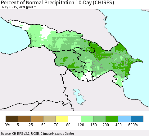 Azerbaijan, Armenia and Georgia Percent of Normal Precipitation 10-Day (CHIRPS) Thematic Map For 5/6/2024 - 5/15/2024