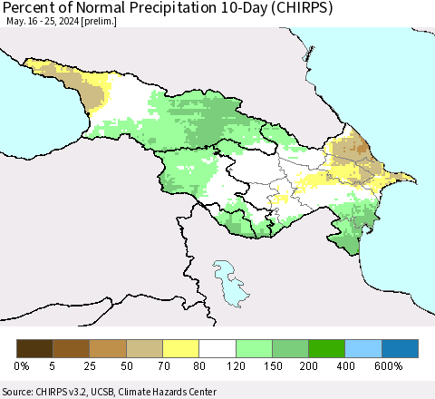 Azerbaijan, Armenia and Georgia Percent of Normal Precipitation 10-Day (CHIRPS) Thematic Map For 5/16/2024 - 5/25/2024