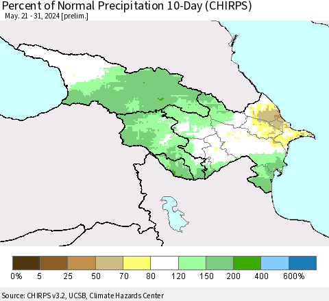 Azerbaijan, Armenia and Georgia Percent of Normal Precipitation 10-Day (CHIRPS) Thematic Map For 5/21/2024 - 5/31/2024