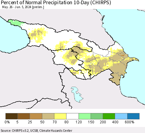 Azerbaijan, Armenia and Georgia Percent of Normal Precipitation 10-Day (CHIRPS) Thematic Map For 5/26/2024 - 6/5/2024