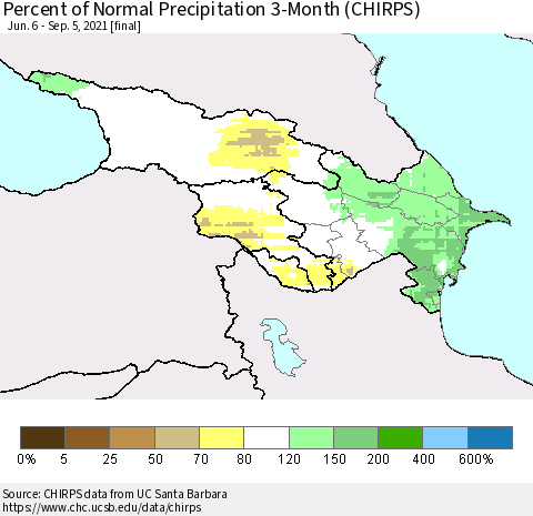 Azerbaijan, Armenia and Georgia Percent of Normal Precipitation 3-Month (CHIRPS) Thematic Map For 6/6/2021 - 9/5/2021