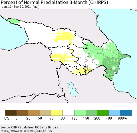 Azerbaijan, Armenia and Georgia Percent of Normal Precipitation 3-Month (CHIRPS) Thematic Map For 6/11/2021 - 9/10/2021
