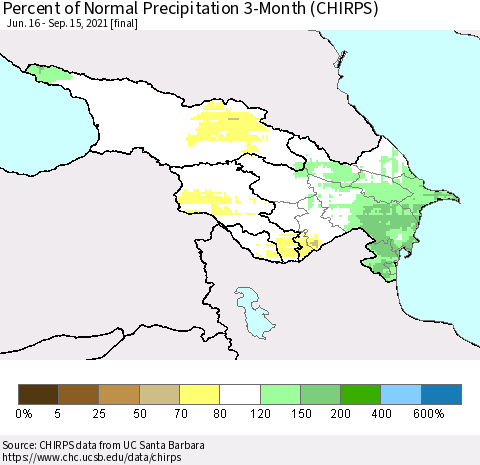 Azerbaijan, Armenia and Georgia Percent of Normal Precipitation 3-Month (CHIRPS) Thematic Map For 6/16/2021 - 9/15/2021