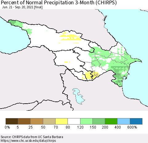 Azerbaijan, Armenia and Georgia Percent of Normal Precipitation 3-Month (CHIRPS) Thematic Map For 6/21/2021 - 9/20/2021