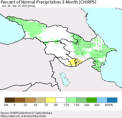 Azerbaijan, Armenia and Georgia Percent of Normal Precipitation 3-Month (CHIRPS) Thematic Map For 6/26/2021 - 9/25/2021