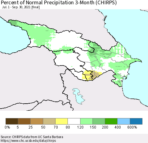 Azerbaijan, Armenia and Georgia Percent of Normal Precipitation 3-Month (CHIRPS) Thematic Map For 7/1/2021 - 9/30/2021