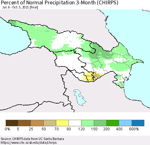 Azerbaijan, Armenia and Georgia Percent of Normal Precipitation 3-Month (CHIRPS) Thematic Map For 7/6/2021 - 10/5/2021