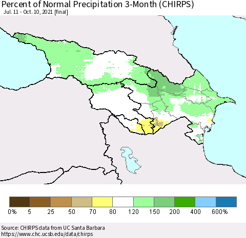 Azerbaijan, Armenia and Georgia Percent of Normal Precipitation 3-Month (CHIRPS) Thematic Map For 7/11/2021 - 10/10/2021