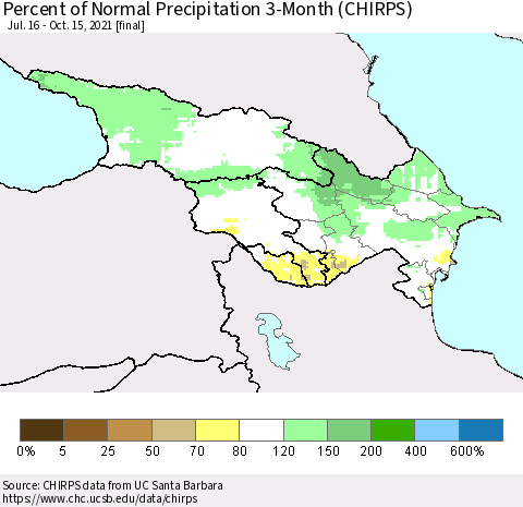 Azerbaijan, Armenia and Georgia Percent of Normal Precipitation 3-Month (CHIRPS) Thematic Map For 7/16/2021 - 10/15/2021